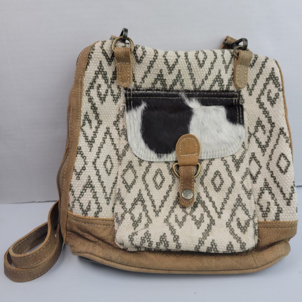 Myra bag Amber upcycled canvas & cowhide backpack S-1332